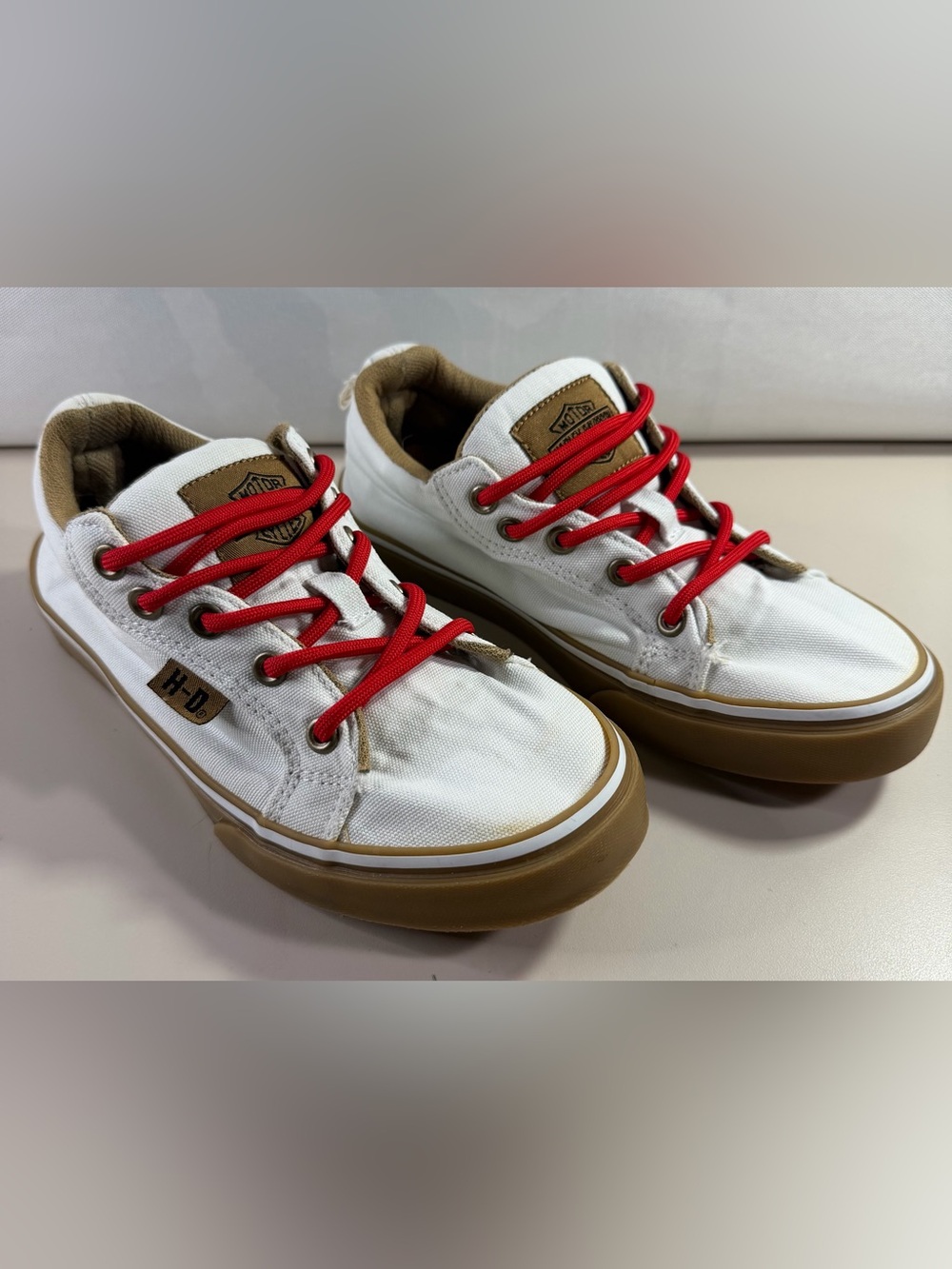 Harley-Davidson Kids White Canvas Sneakers with Red Laces and Brown Soles